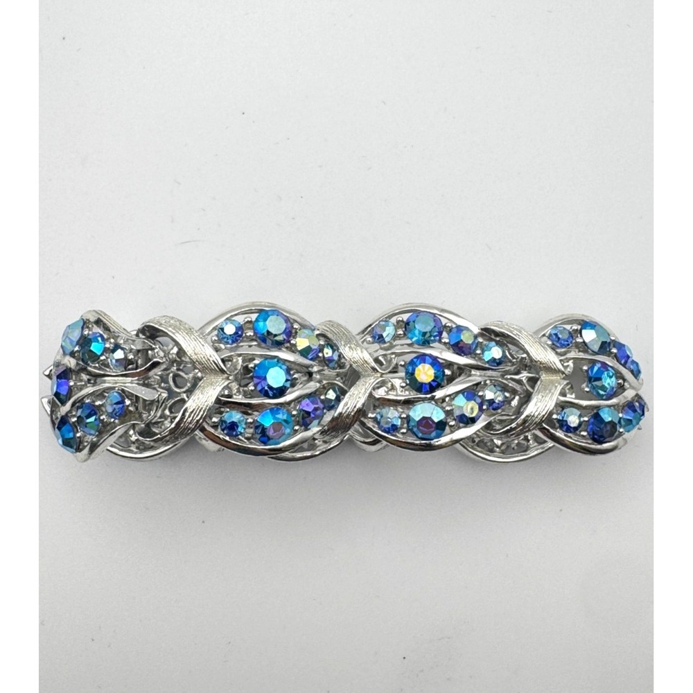 Vintage Kramer Bracelet Blue Aurora Borealis AB Rhinestone Leaf Link Silver Tone